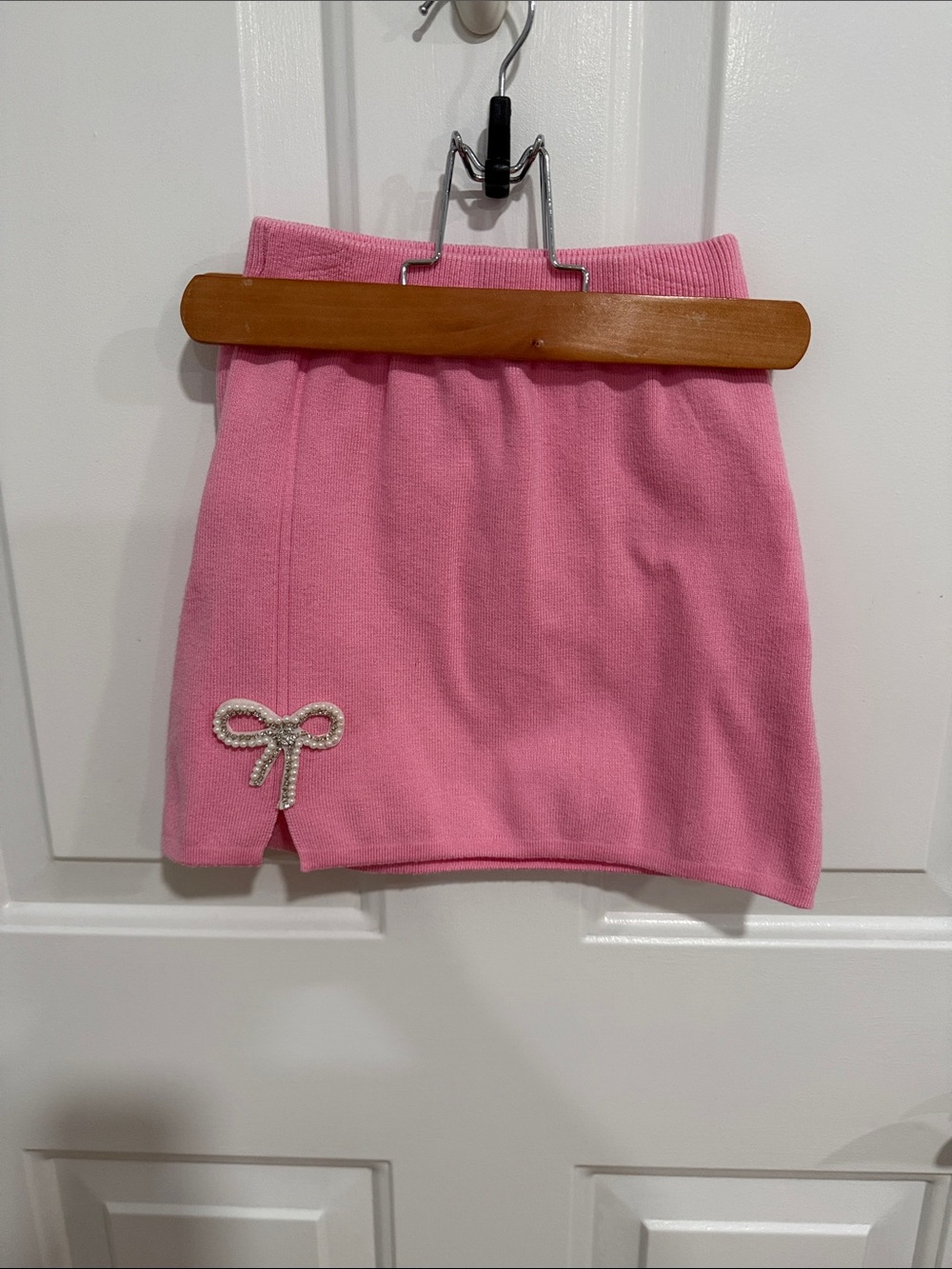 Lola + The Boys Pink Knit Mini Skirt with Embellished Bow
